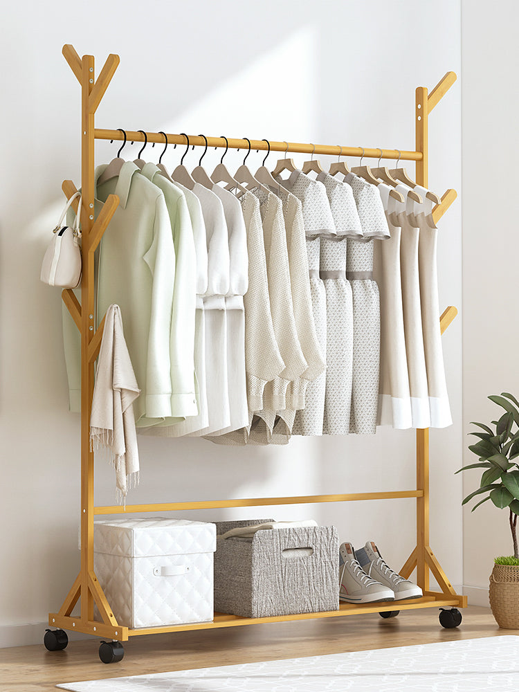 Portable Clothes Rack Coat Garment Stand Bamboo Rail Hanger Airer Closet