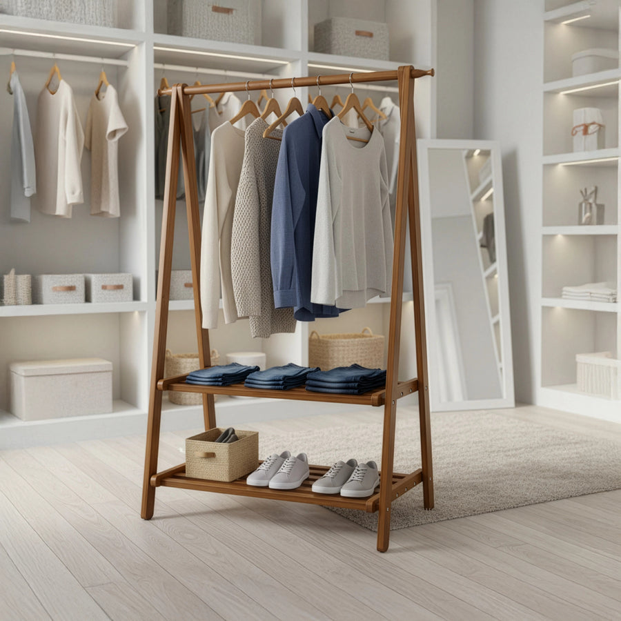 Portable Clothes Rack Coat Garment Stand Bamboo Rail Hanger Airer Closet