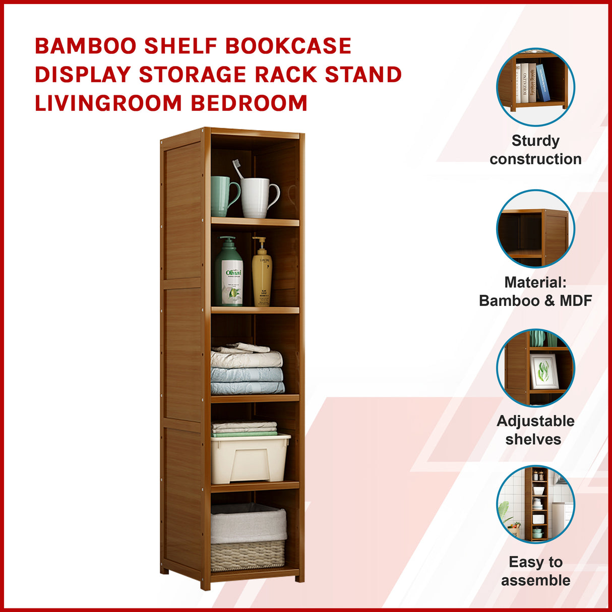 Bamboo 5-Shelf Bookcase &ndash; Tall Display Storage Rack Stand for Living Room, Bedroom, Office or Home Organisation