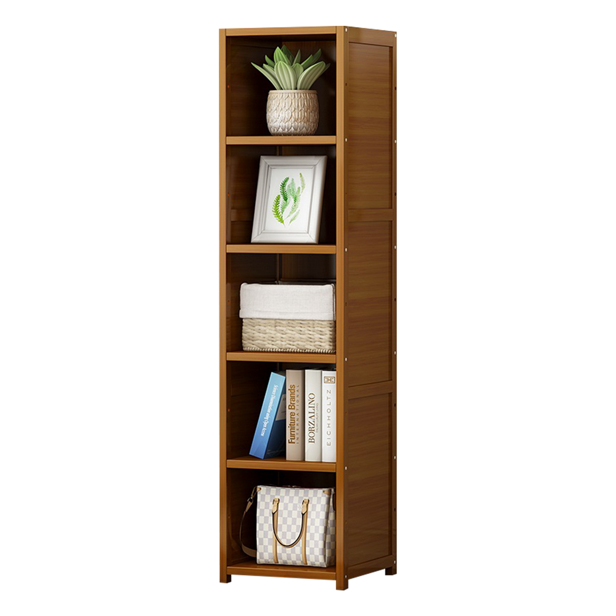 Bamboo 5-Shelf Bookcase &ndash; Tall Display Storage Rack Stand for Living Room, Bedroom, Office or Home Organisation