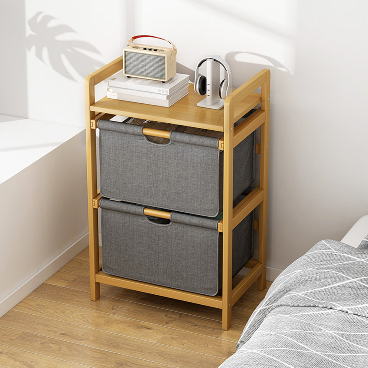 Bamboo Shelf with Storage Hamper &ndash; Wooden Organiser with 2 Laundry Bags