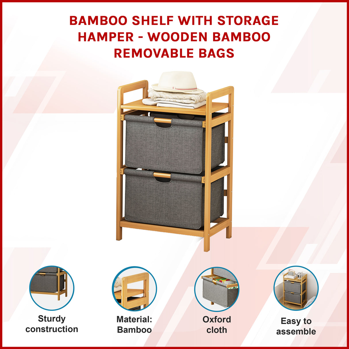 Bamboo Shelf with Storage Hamper &ndash; Wooden Organiser with 2 Laundry Bags