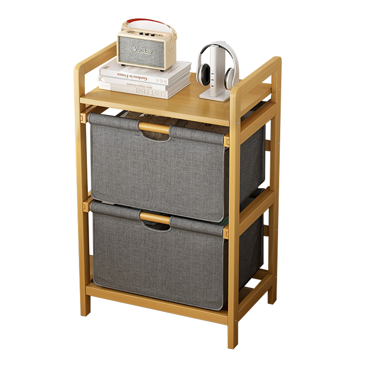 Bamboo Shelf with Storage Hamper &ndash; Wooden Organiser with 2 Laundry Bags