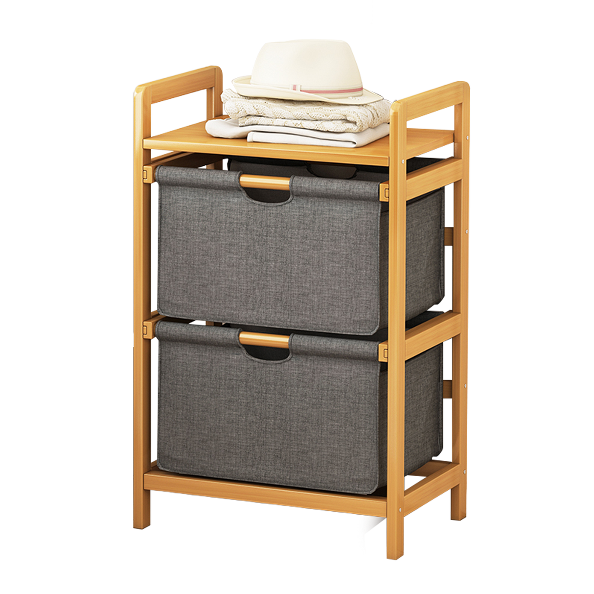 Bamboo Shelf with Storage Hamper &ndash; Wooden Organiser with 2 Laundry Bags
