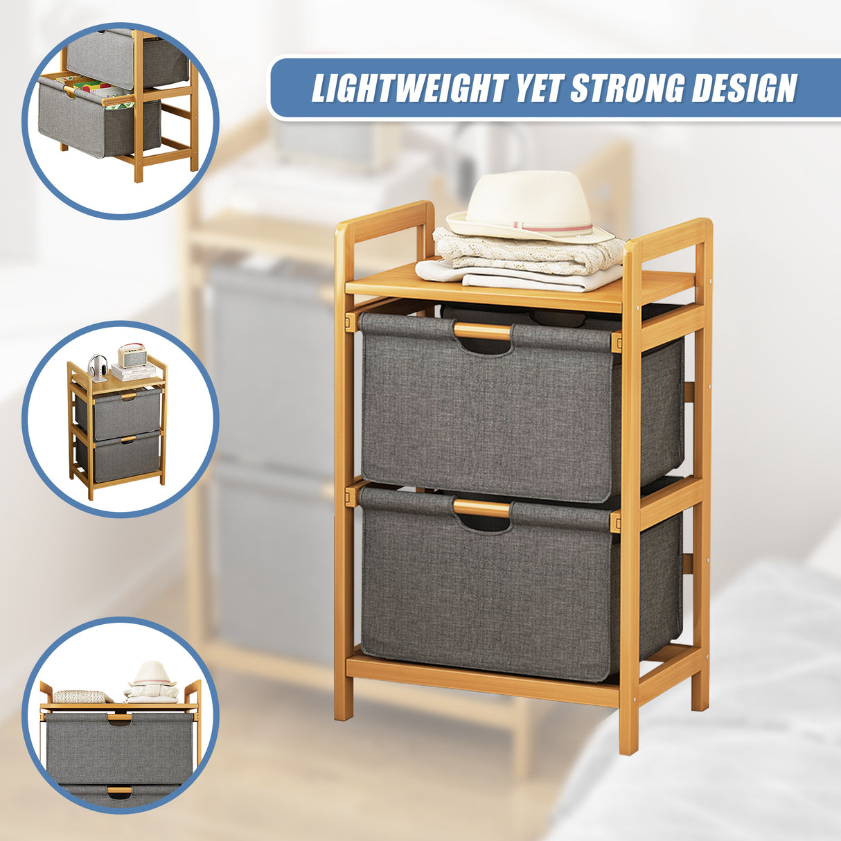 Bamboo Shelf with Storage Hamper &ndash; Wooden Organiser with 2 Laundry Bags