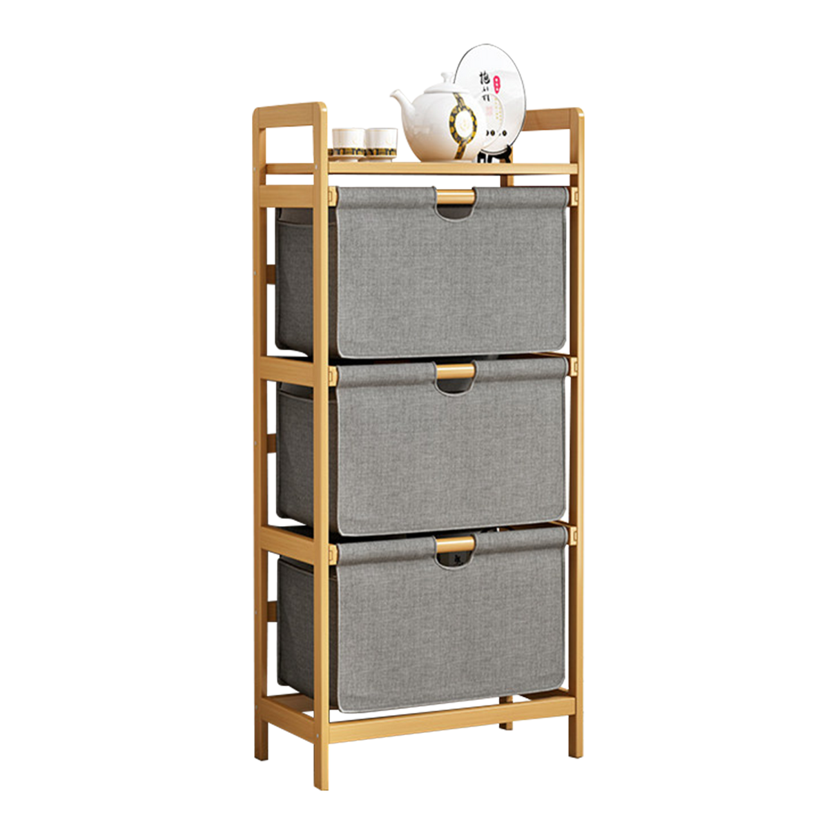 Bamboo Shelf with Storage Hamper &ndash; Wooden Organiser with 3 Laundry Bags