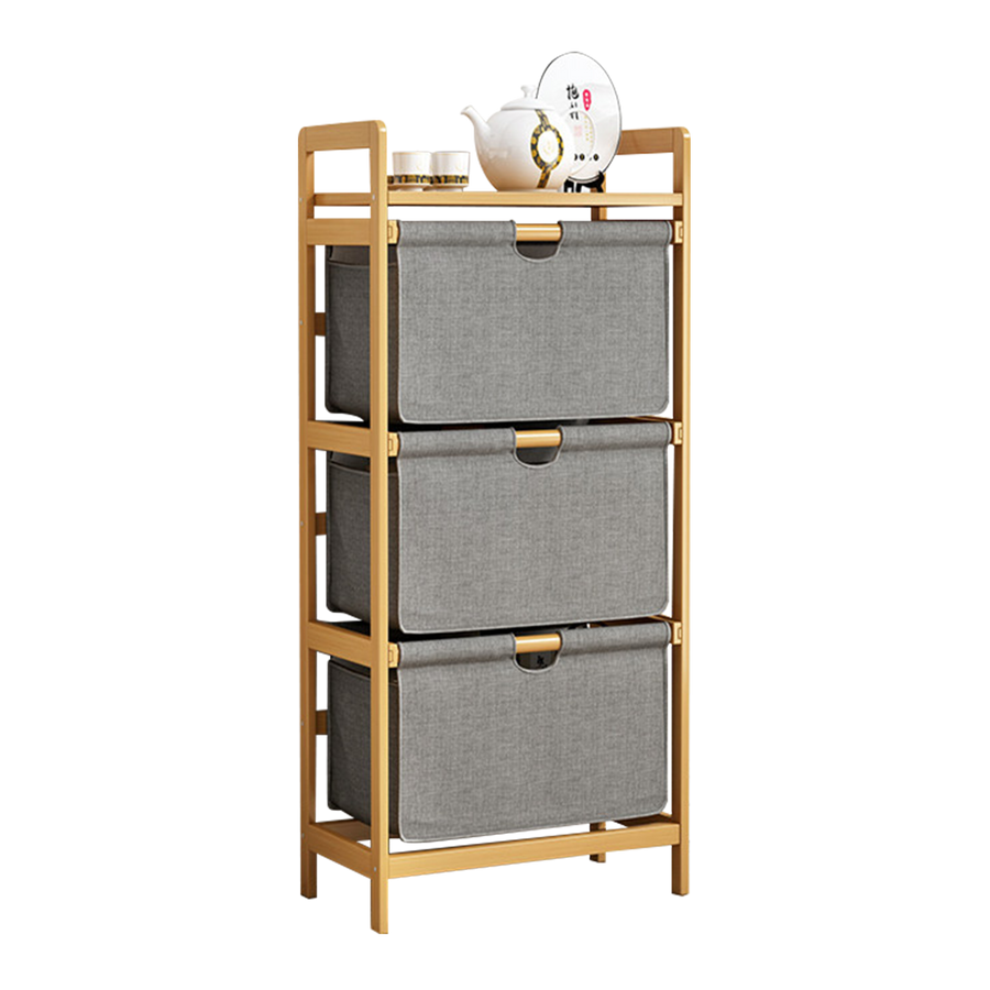 Bamboo Shelf with Storage Hamper &ndash; Wooden Organiser with 3 Laundry Bags
