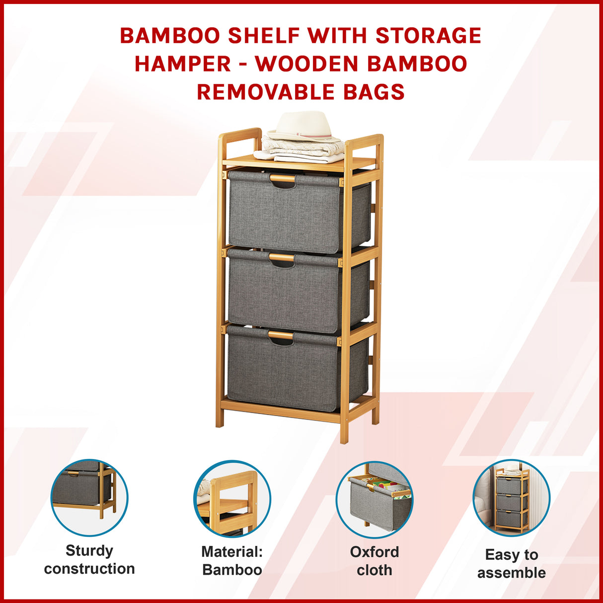 Bamboo Shelf with Storage Hamper &ndash; Wooden Organiser with 3 Laundry Bags