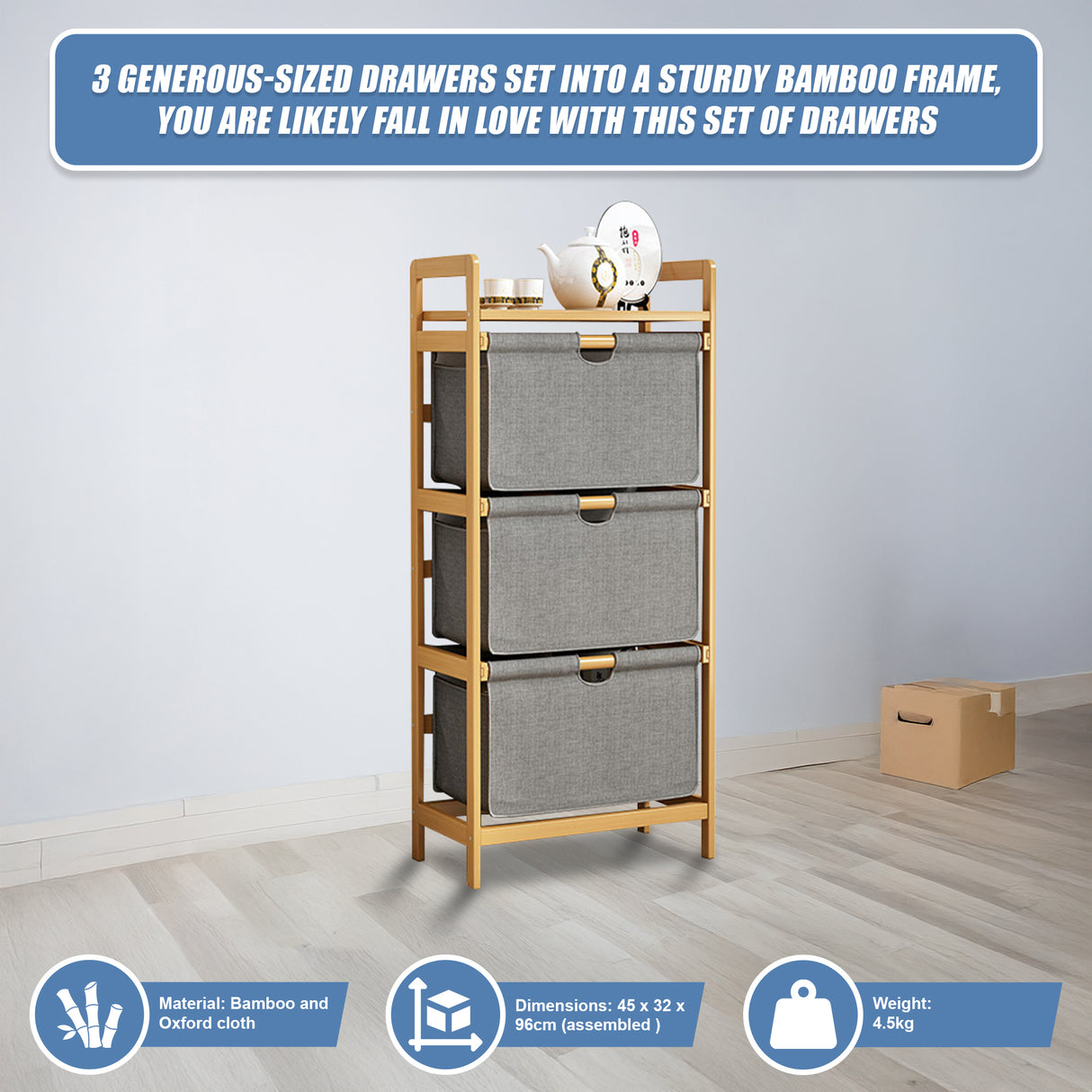 Bamboo Shelf with Storage Hamper &ndash; Wooden Organiser with 3 Laundry Bags