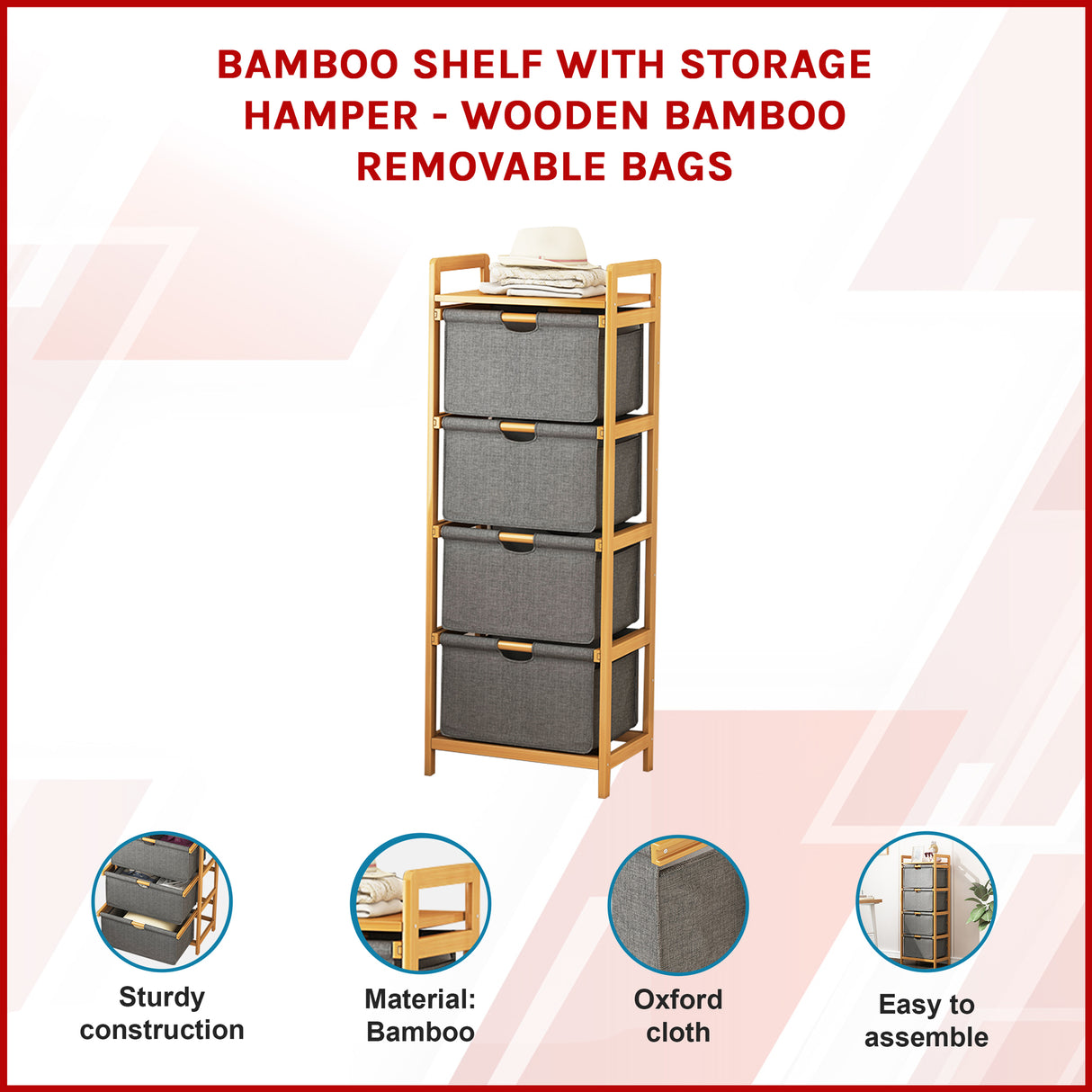 Bamboo Shelf with Storage Hamper &ndash; Wooden Organiser with 4 Laundry Bags