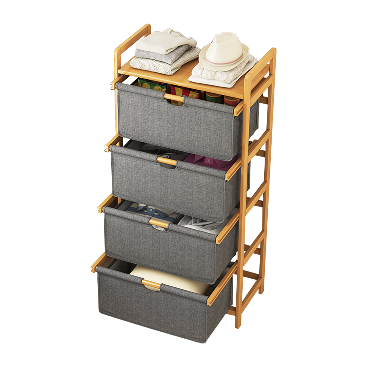 Bamboo Shelf with Storage Hamper &ndash; Wooden Organiser with 4 Laundry Bags