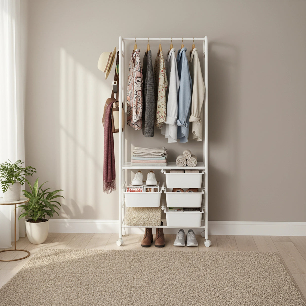 Metal Open Wardrobe Modern Storage Cabinet Tall Clothes Drawers Hanger Coat Rack