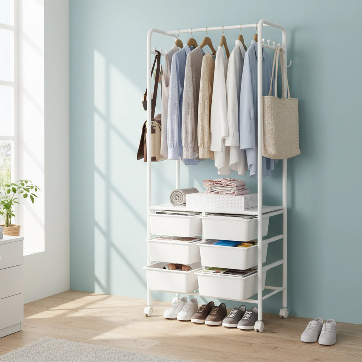 Metal Open Wardrobe Modern Storage Cabinet Tall Clothes Drawers Hanger Coat Rack
