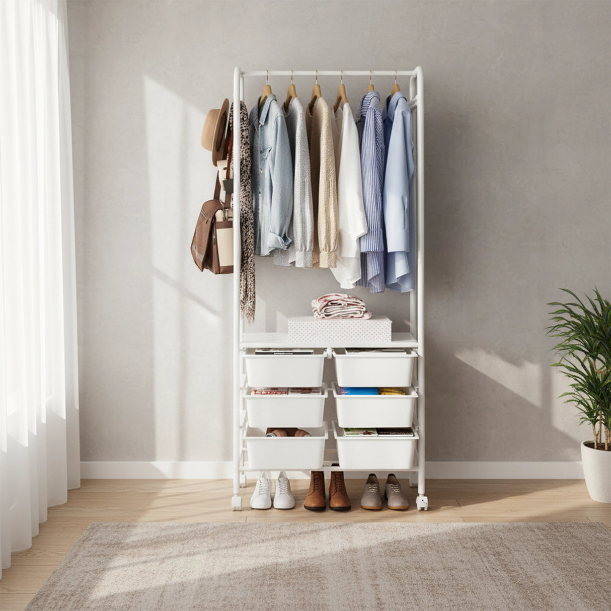 Metal Open Wardrobe Modern Storage Cabinet Tall Clothes Drawers Hanger Coat Rack