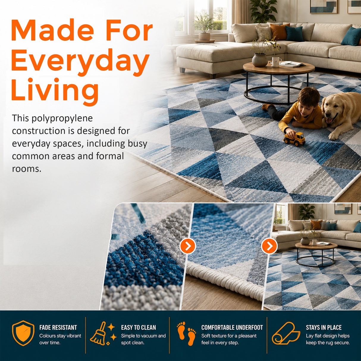 200x300cm Large Floor Blue Triangle Rug &ndash; Modern Area Carpet for Bedroom & Lounge