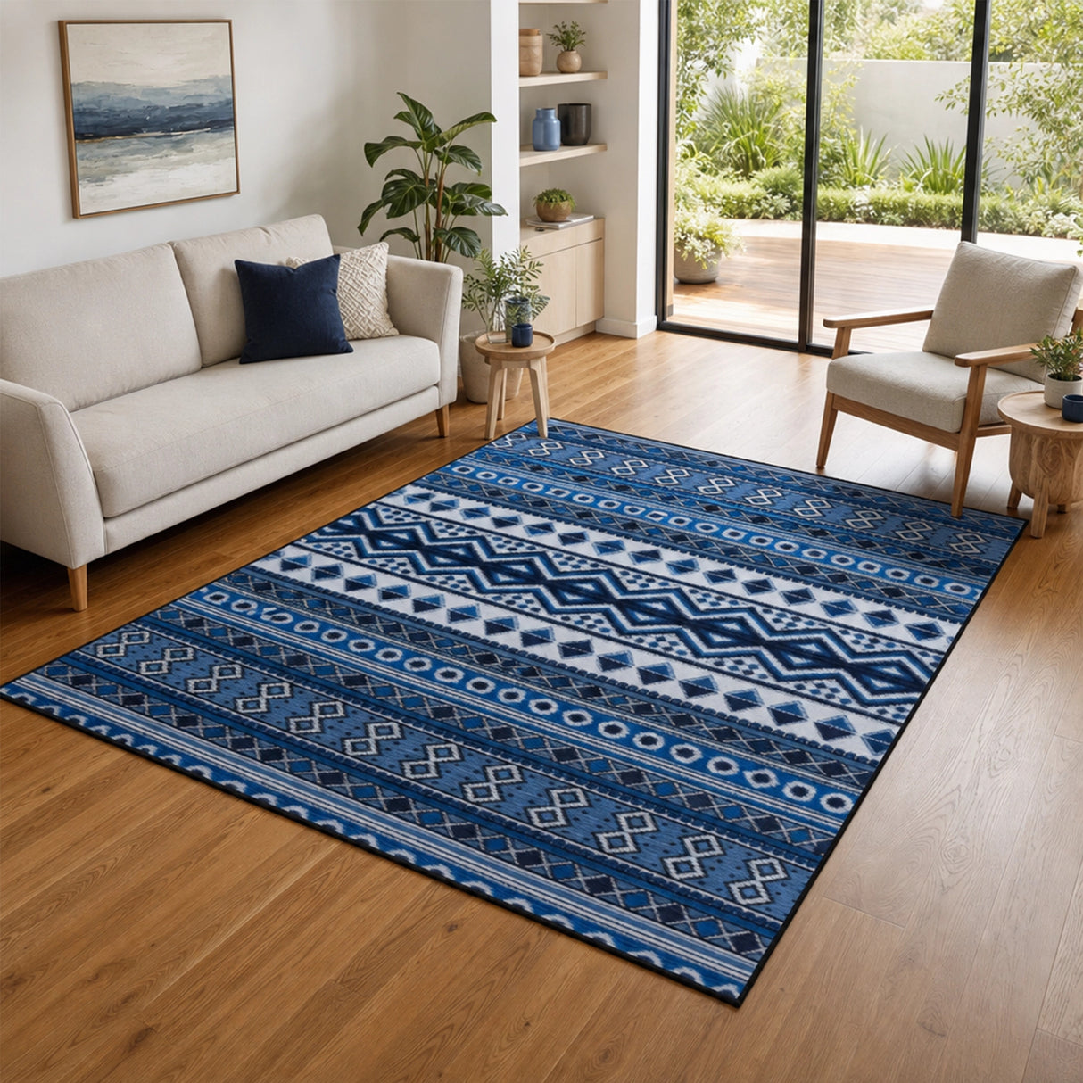 200x300cm Large Floor Blue Ethnic Rug &ndash; Modern Area Carpet for Bedroom & Lounge