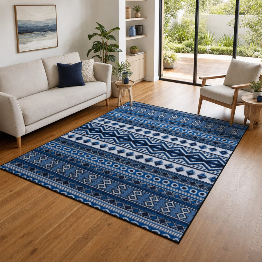 200x300cm Large Floor Blue Ethnic Rug &ndash; Modern Area Carpet for Bedroom & Lounge