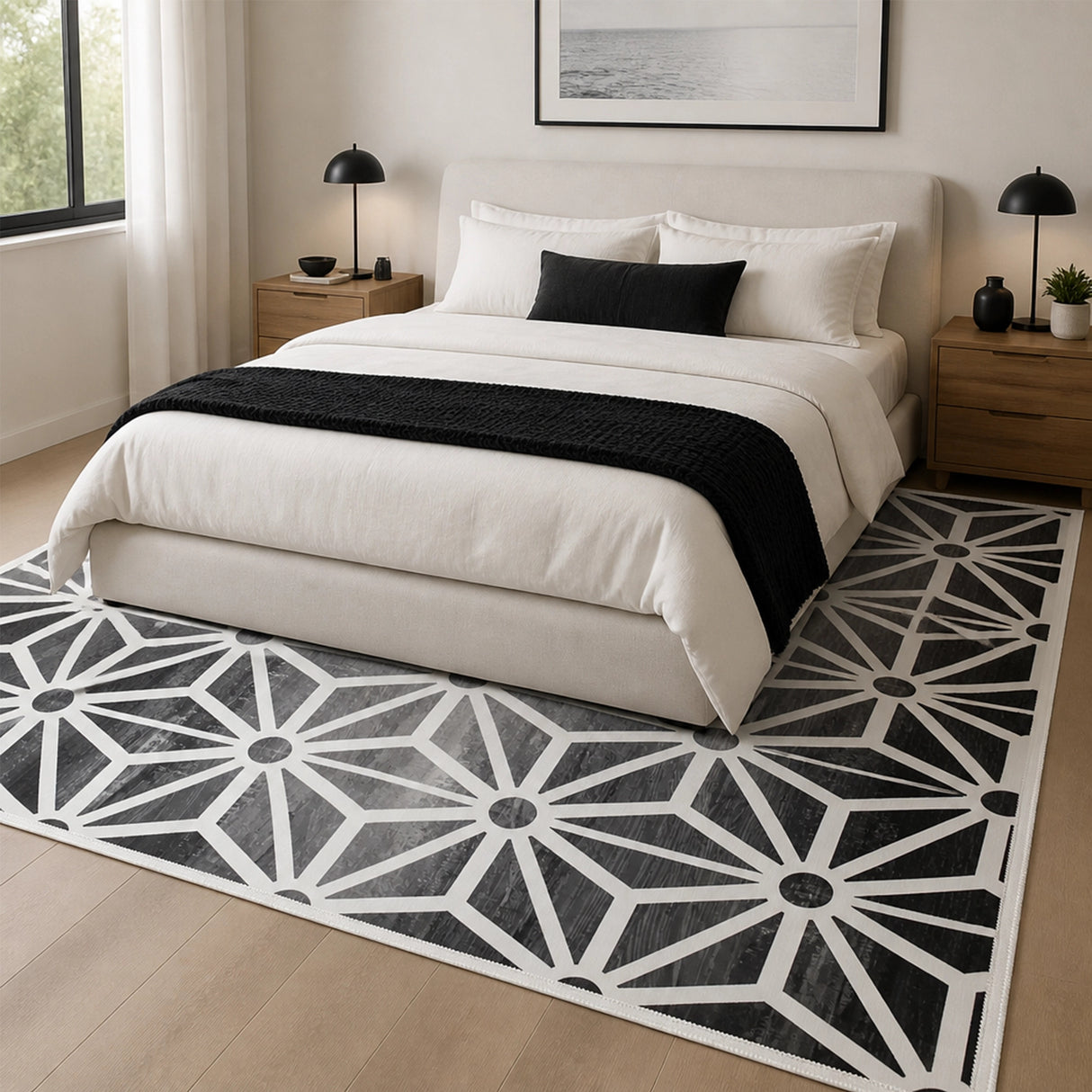 200x300cm Large Floor Black & White Geometric Rug &ndash; Modern Area Carpet for Bedroom & Lounge