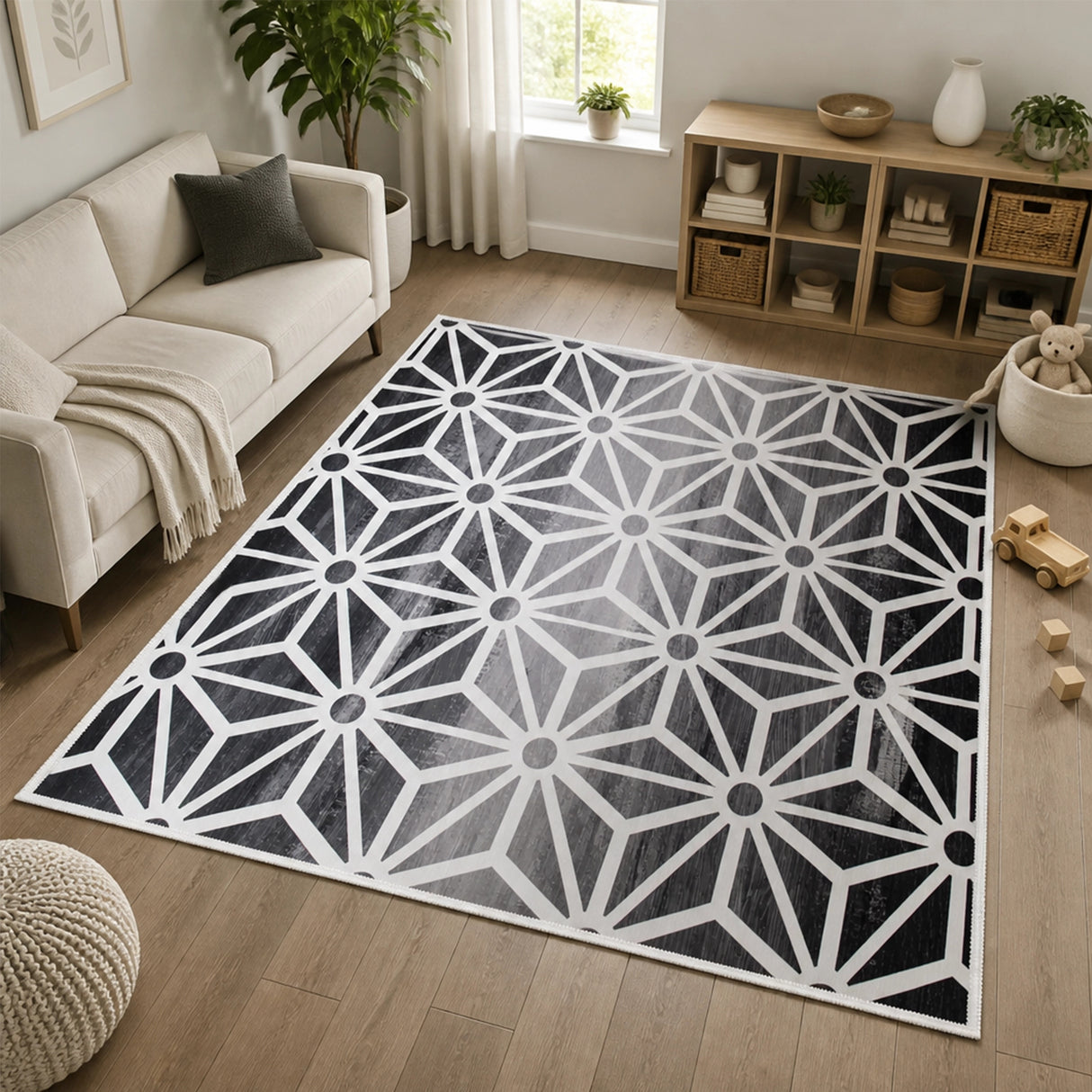200x300cm Large Floor Black & White Geometric Rug &ndash; Modern Area Carpet for Bedroom & Lounge