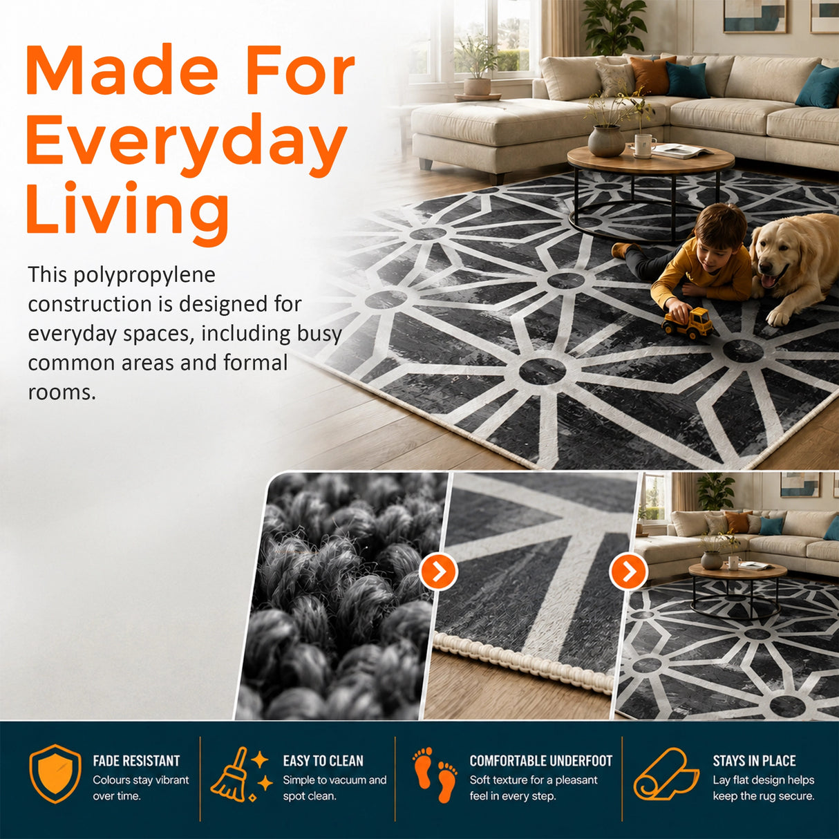 200x300cm Large Floor Black & White Geometric Rug &ndash; Modern Area Carpet for Bedroom & Lounge
