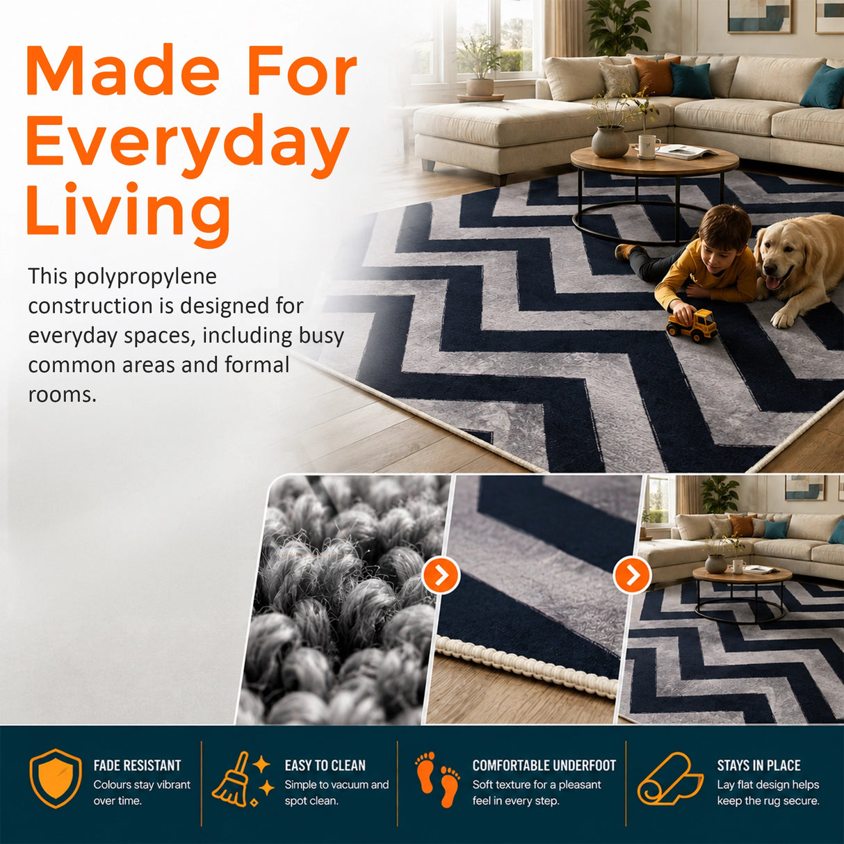 200x300cm Large Floor Blue Chevron Stripes Rug &ndash; Modern Area Carpet for Bedroom & Lounge