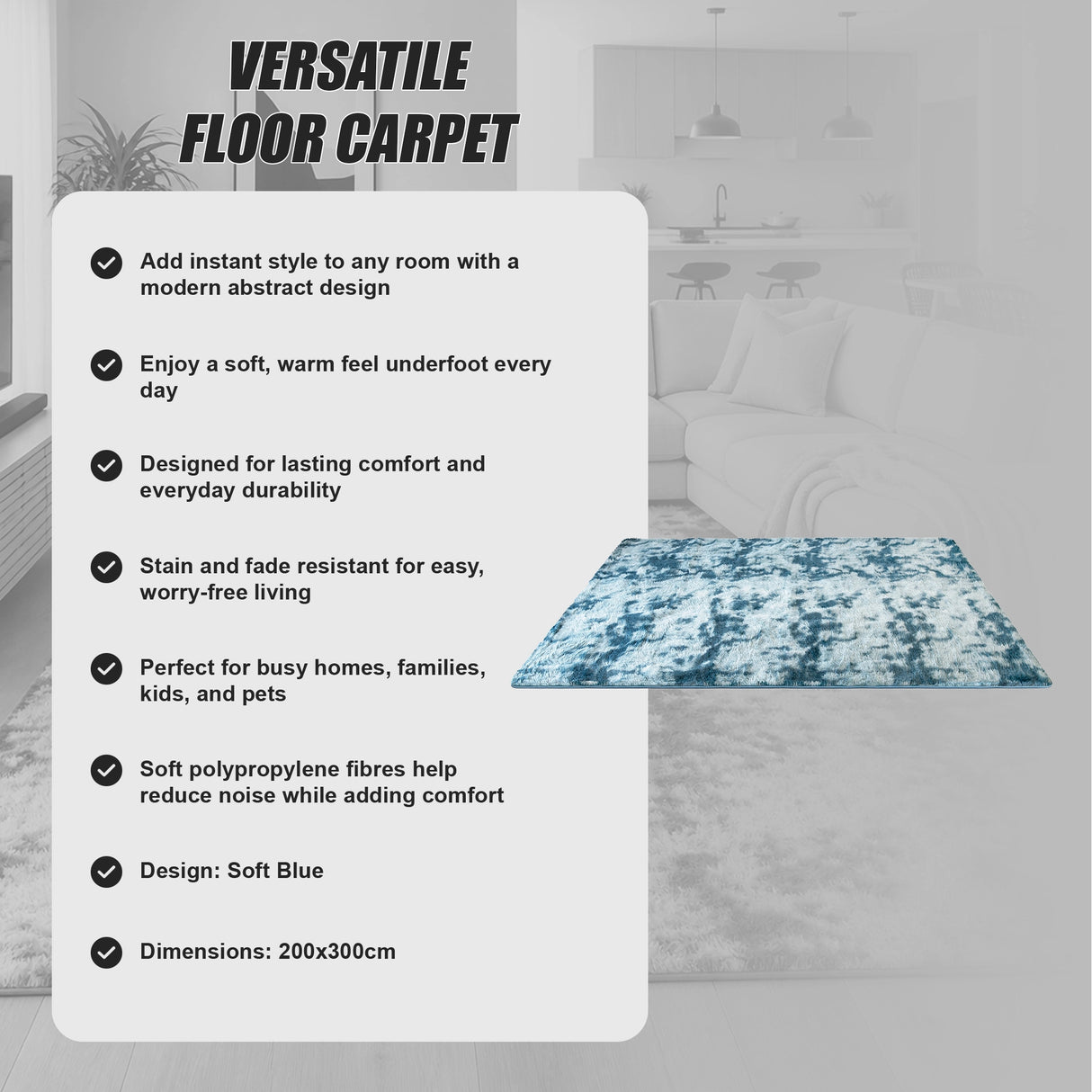 200x300cm Large Floor Soft Blue Fluffy Rug &ndash; Modern Area Carpet for Bedroom & Lounge