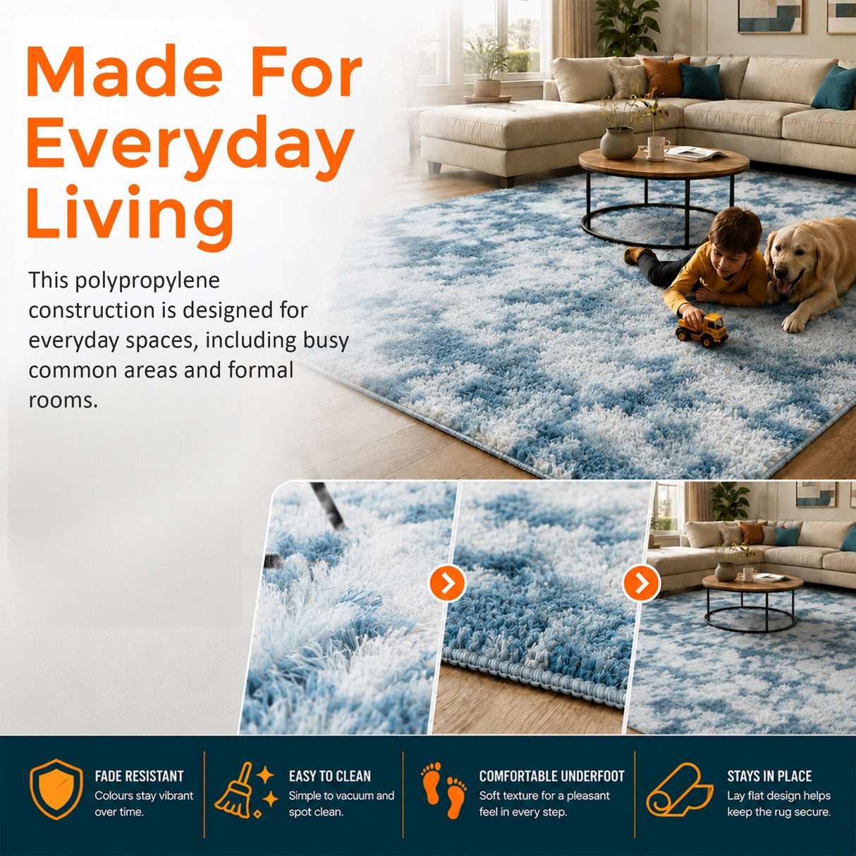 200x300cm Large Floor Soft Blue Fluffy Rug &ndash; Modern Area Carpet for Bedroom & Lounge