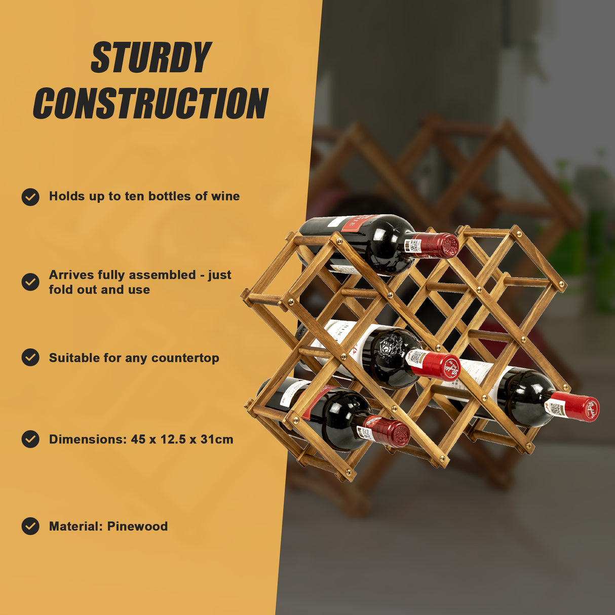 Wooden Wine Rack Freestanding 10 Bottles Countertop Storage