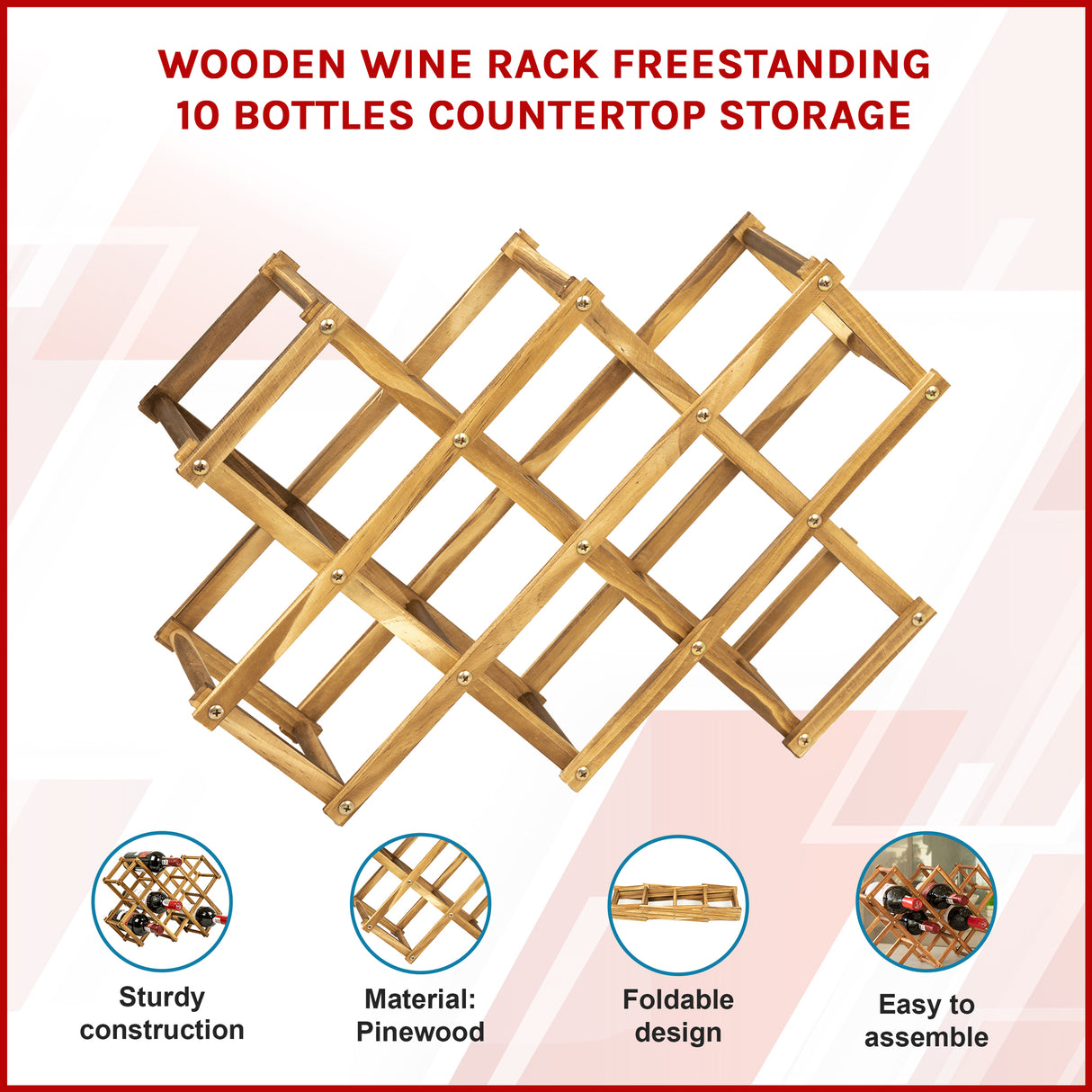 Wooden Wine Rack Freestanding 10 Bottles Countertop Storage