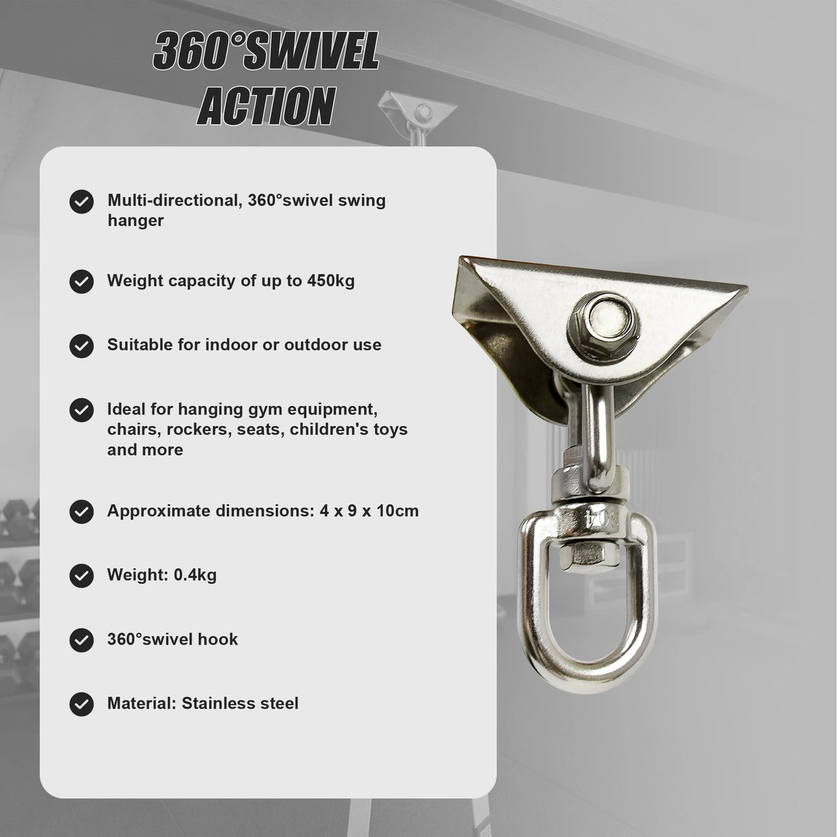 360 Degree Swivel Swing Hanger with Stainless Steel Hook for Ceiling Heavy Duty Hanging Gym Equipment