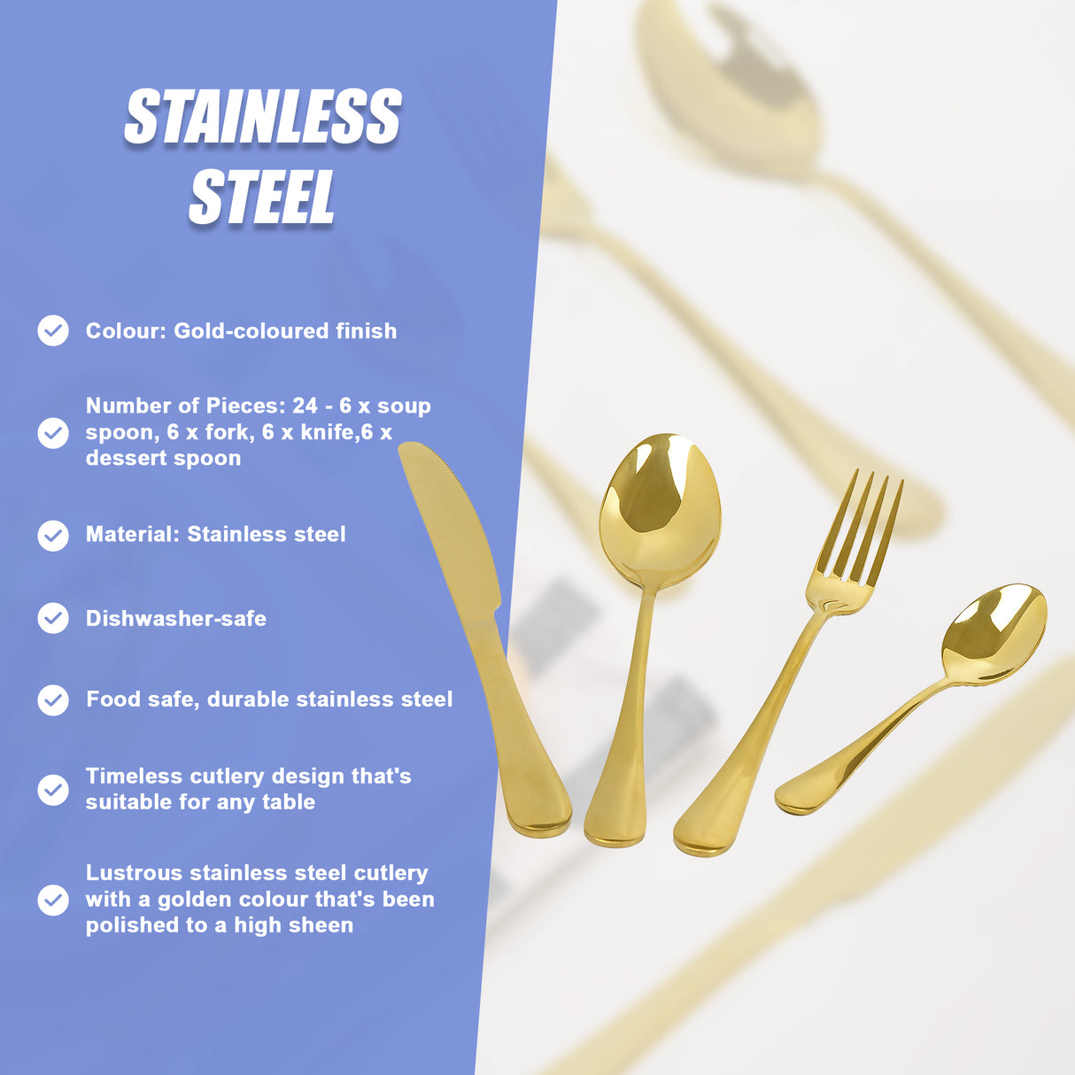 24-piece Gold Cutlery Flatware Stainless Steel Silverware Set Reflective Mirror Finish