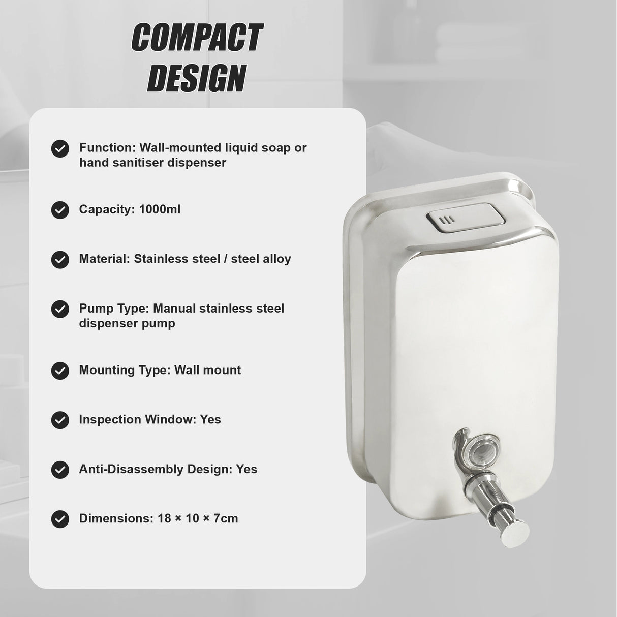 304 Stainless Steel Commercial Liquid Soap Hand Sanitiser Dispenser Wall Mount Bathroom Kitchen Office Hospital Restaurant 1000ml
