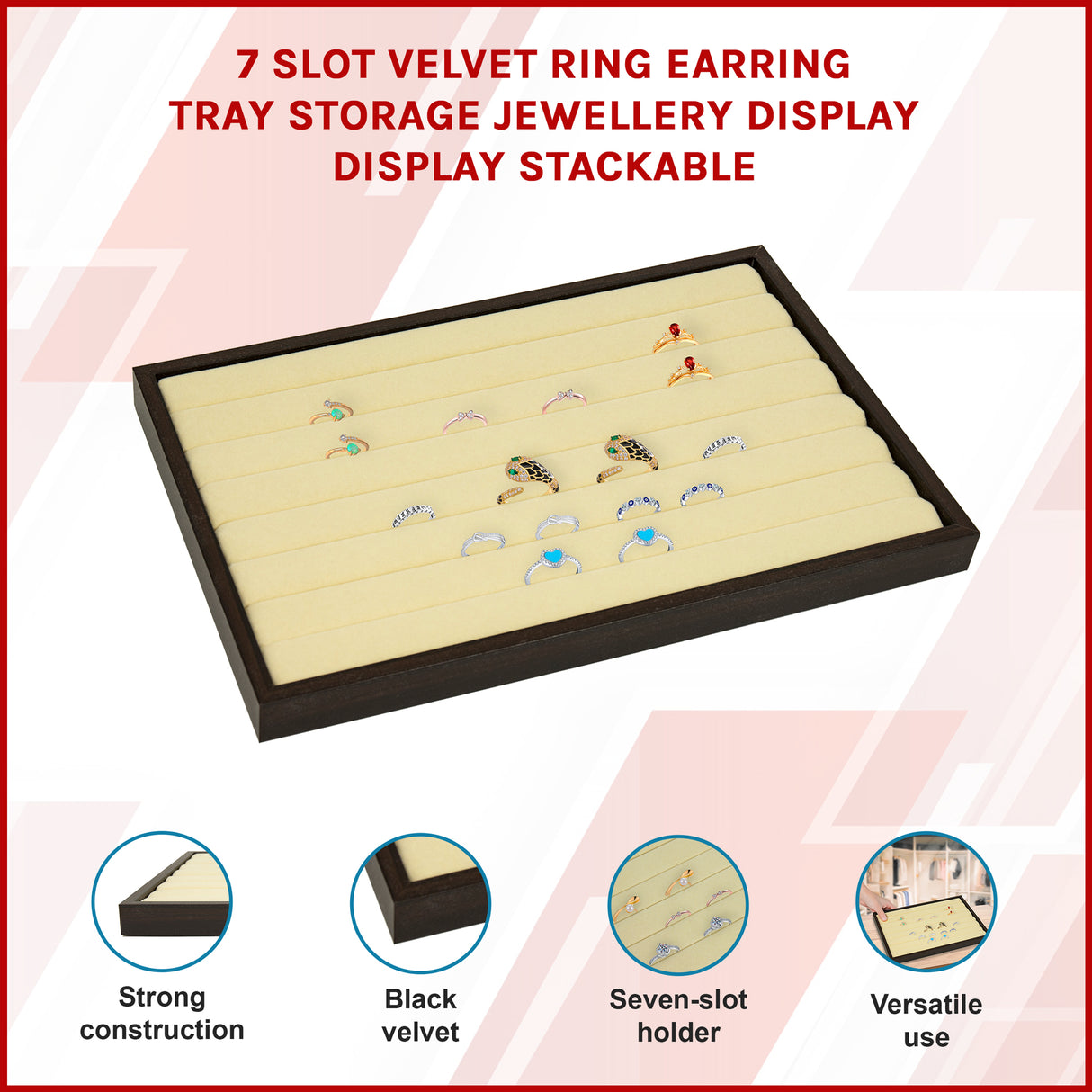 7 Slot Velvet Ring Earring Tray Storage Jewellery Display Display Stackable