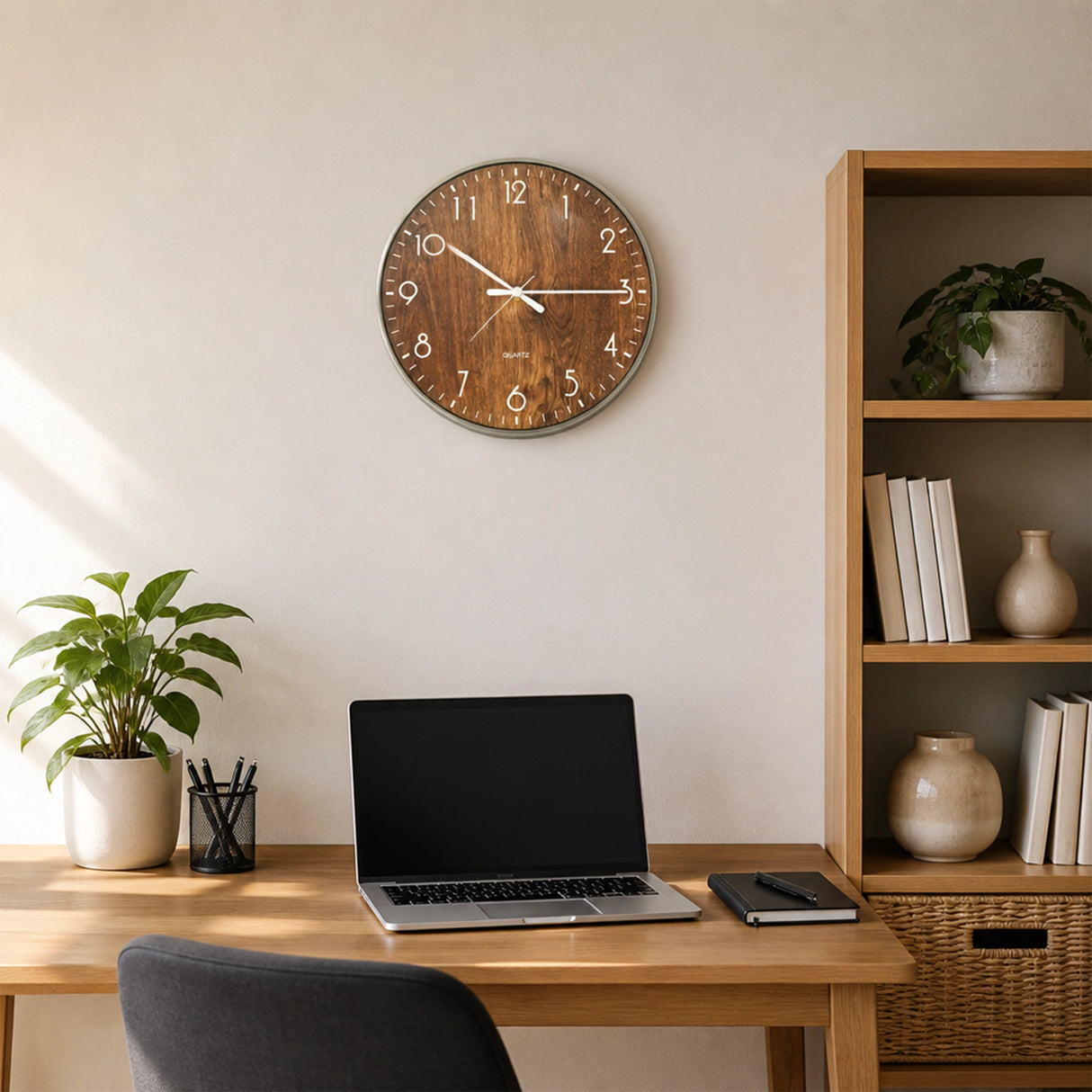 14-inch Round Wall Clock Silent Non-Ticking Quartz Battery Operated Wood Grain