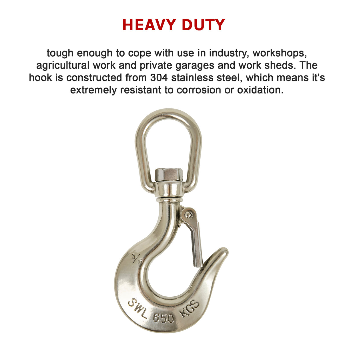 304 Stainless Steel Swivel Lift Clevis Chain Crane Hook with Safety Lock 650kg