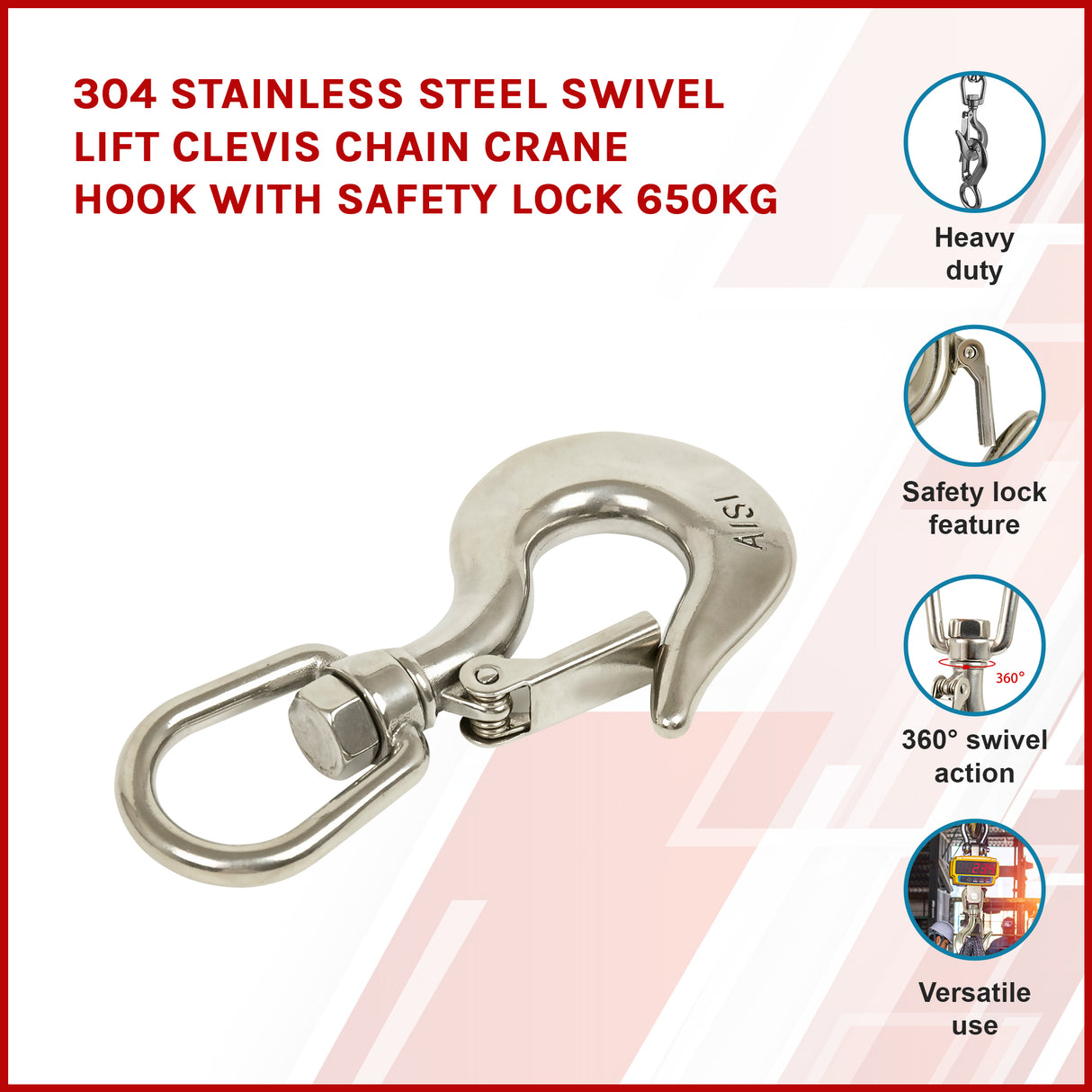 304 Stainless Steel Swivel Lift Clevis Chain Crane Hook with Safety Lock 650kg