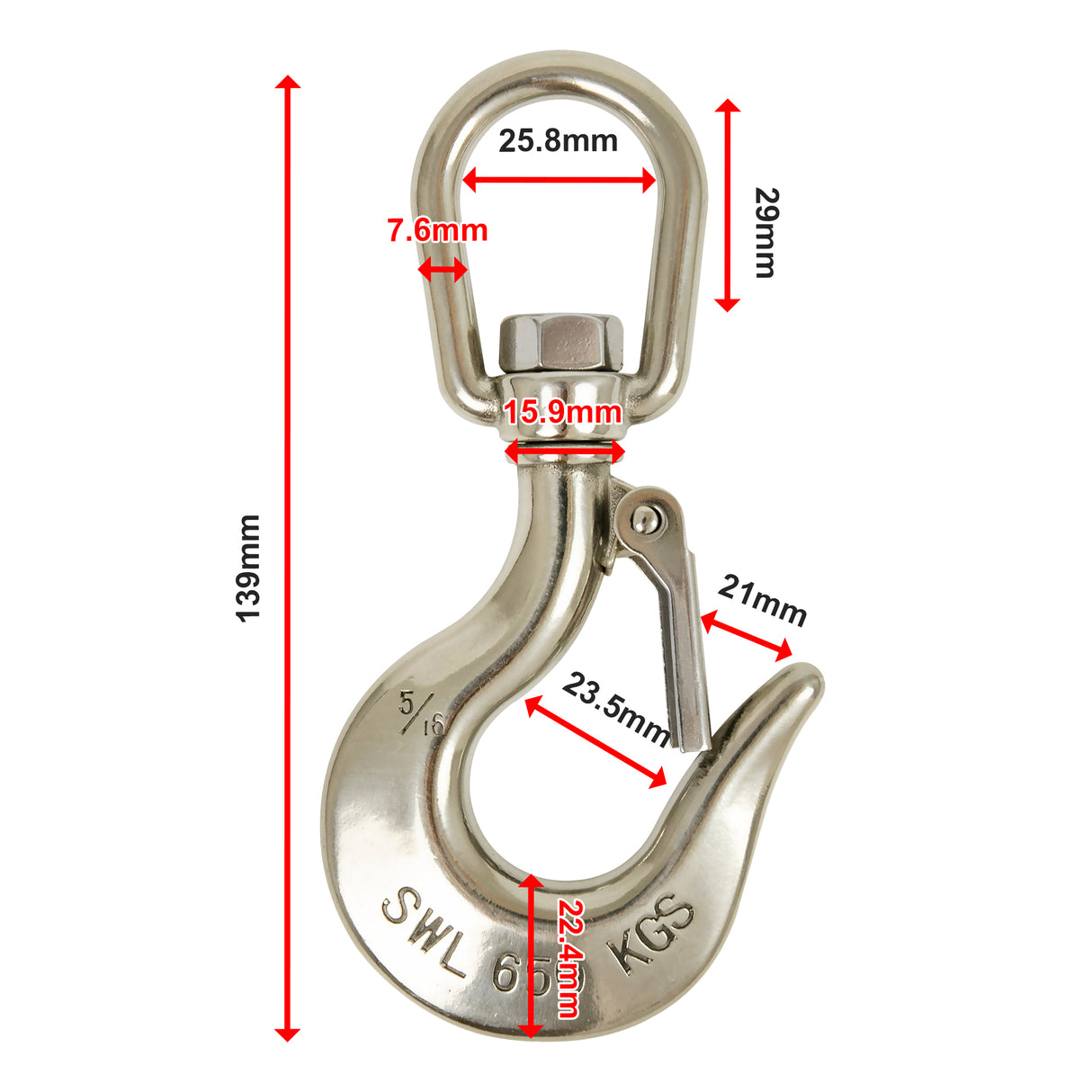304 Stainless Steel Swivel Lift Clevis Chain Crane Hook with Safety Lock 650kg