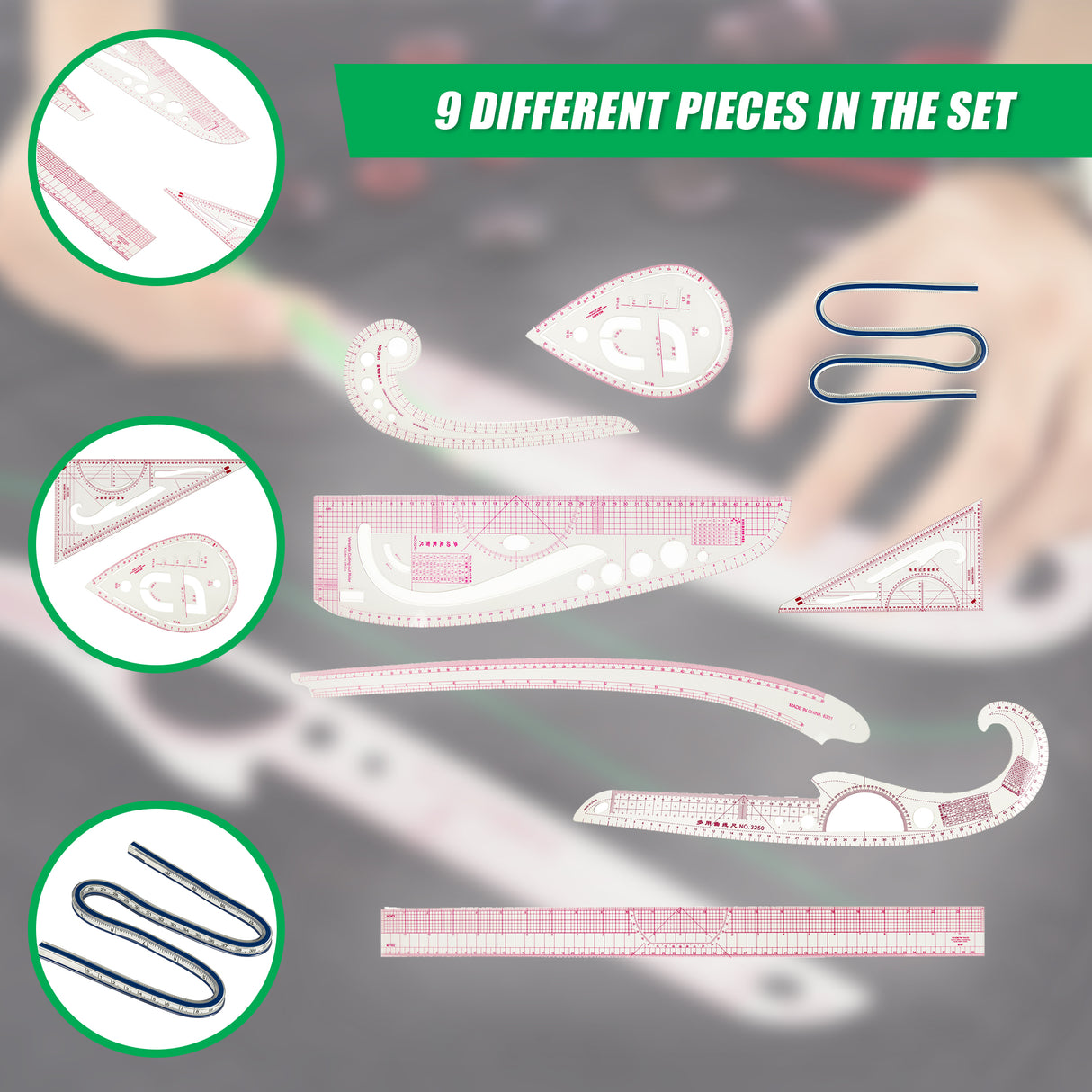 9pc French Curve Ruler Set DIY Sewing Pattern Measuring Tool for Dressmaker