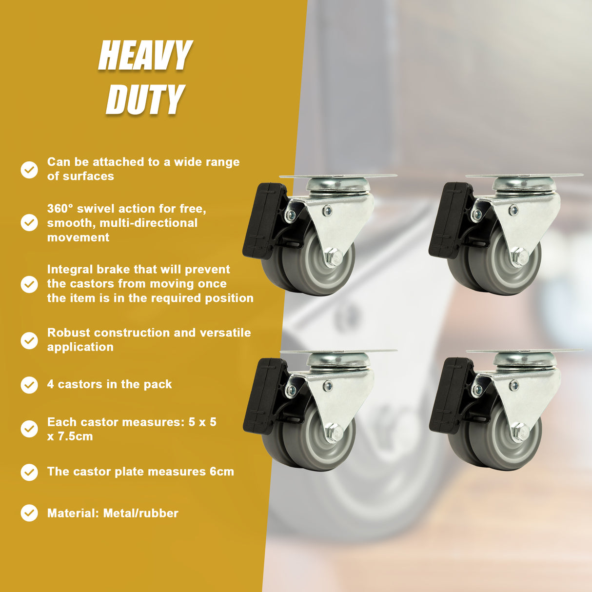 4x 2 Inch Heavy Duty Swivel Castor Wheels 50mm Brake