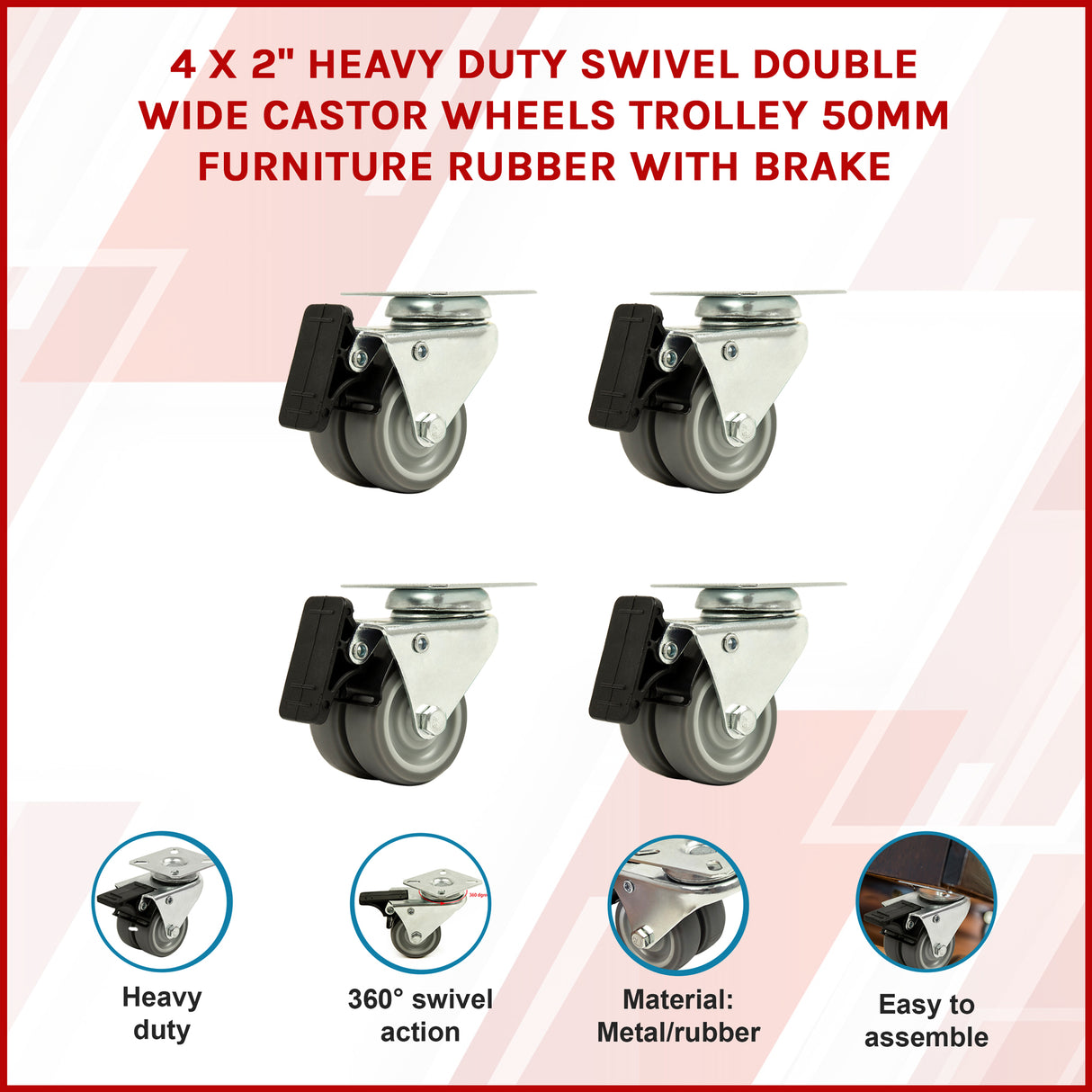 4x 2 Inch Heavy Duty Swivel Castor Wheels 50mm Brake