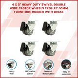 4x 2 Inch Heavy Duty Swivel Castor Wheels 50mm Brake - Close-Up Angle