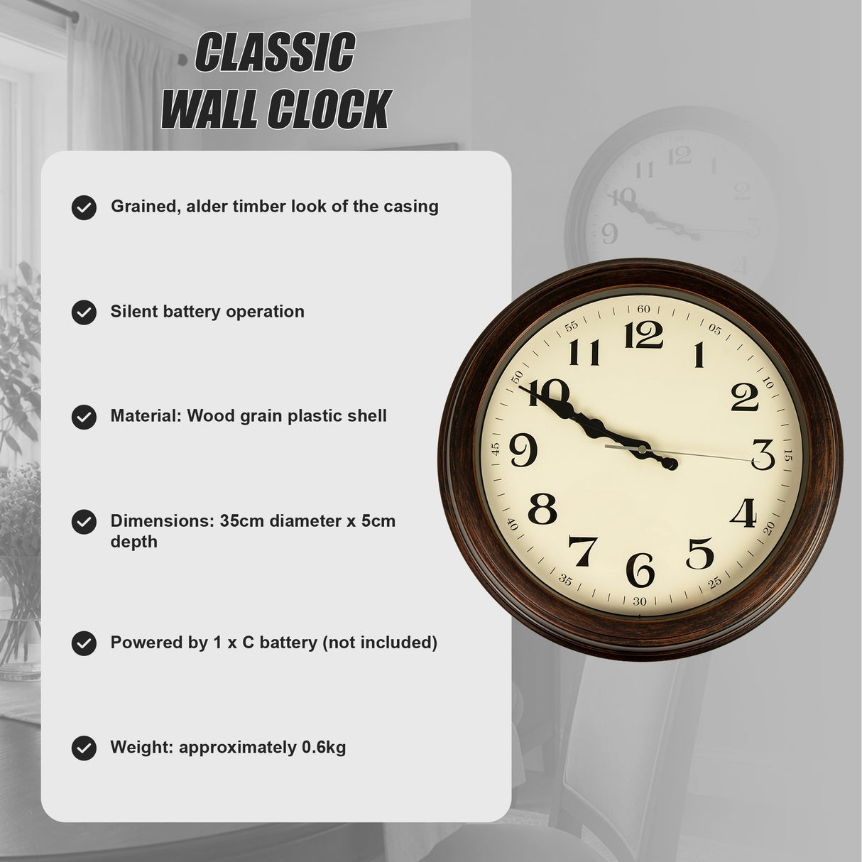 Classic Wall Clock Silent Non-Ticking Quartz Battery Operated Luxury Wood