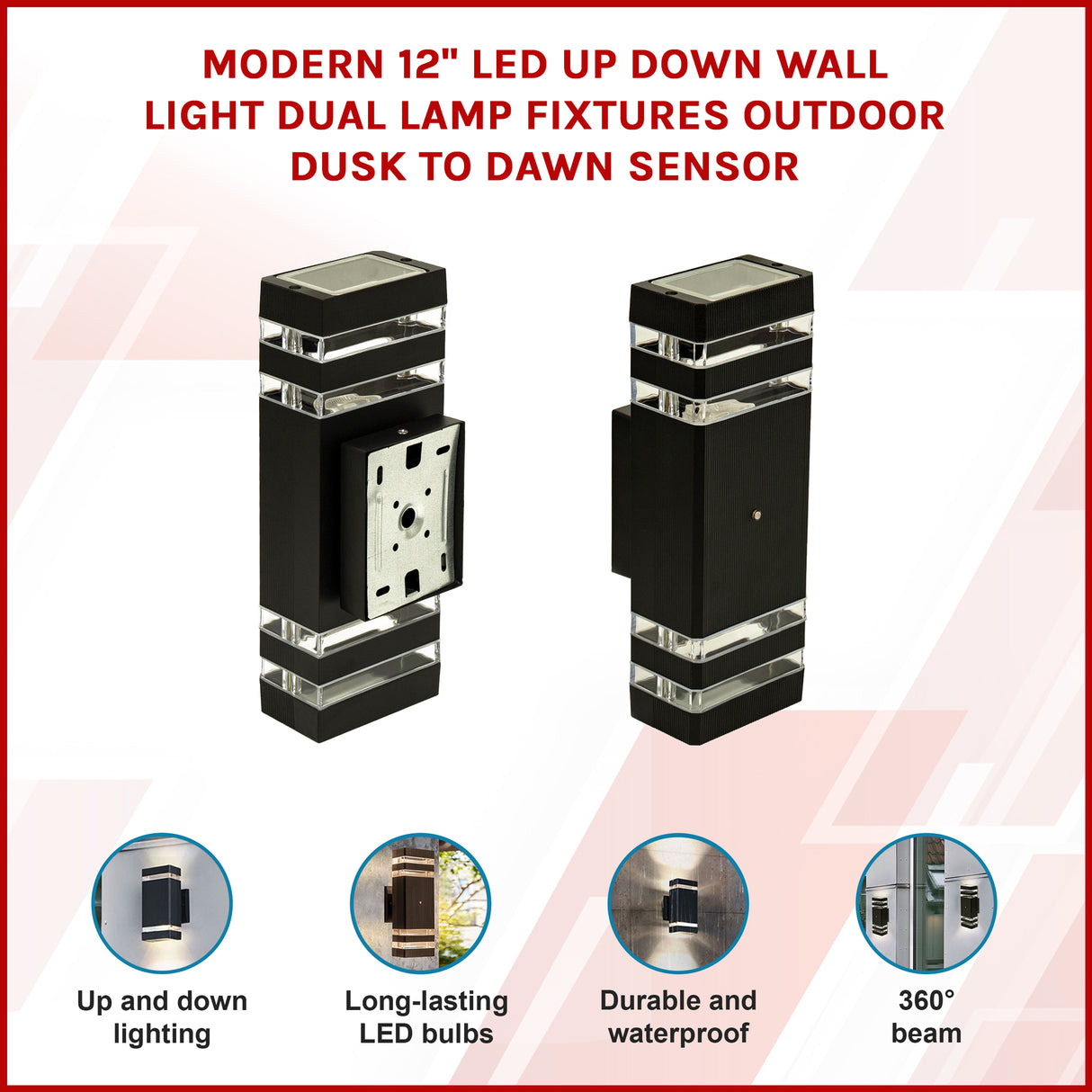 Modern 12 Inch LED Up Down Wall Light Dual Lamp with Dusk to Dawn Sensor