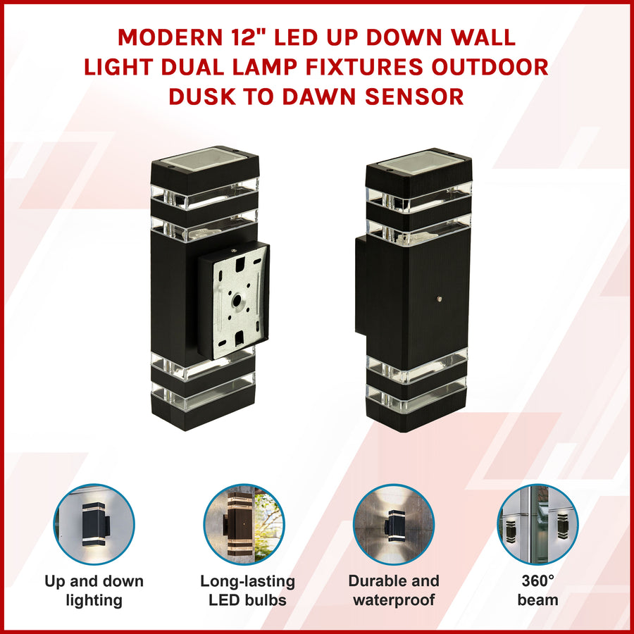 Modern 12 Inch LED Up Down Wall Light Dual Lamp with Dusk to Dawn Sensor