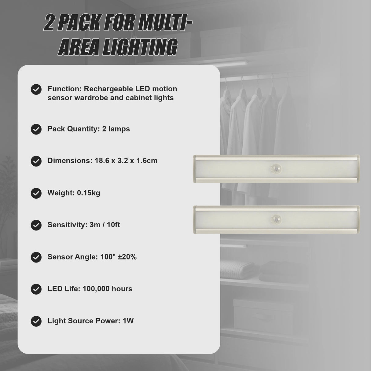 2 x 46 LED Stick-on Wireless Under Cabinet Light Rechargeable Motion Sensor Closet Lamp