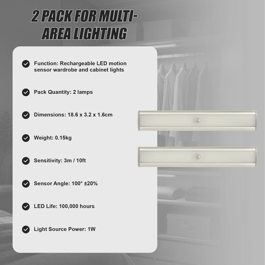 2 x 46 LED Stick-on Wireless Under Cabinet Light Rechargeable Motion Sensor Closet Lamp