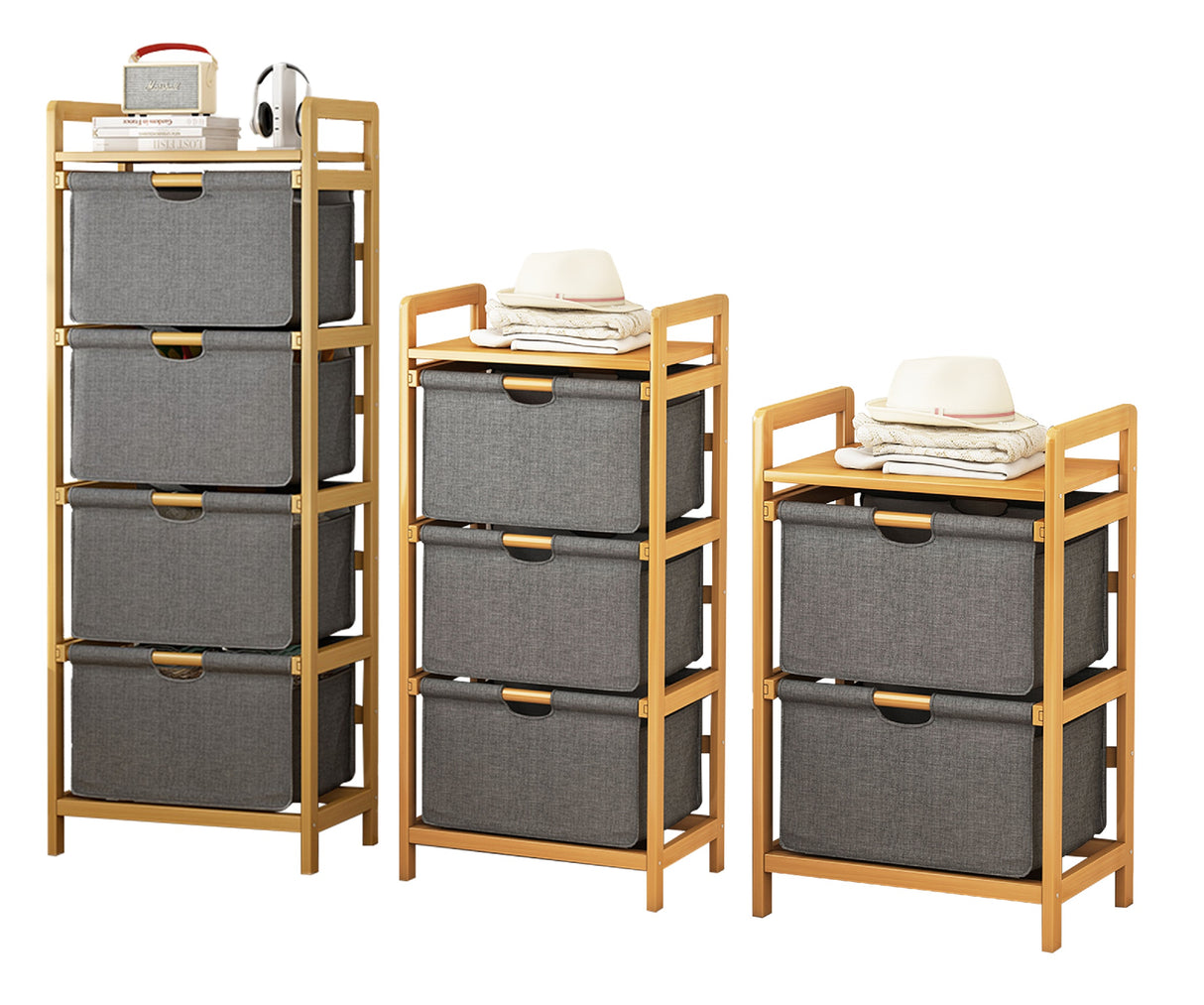 Bamboo Shelf with Storage Hamper &ndash; Wooden Organiser with Three-Set Rack Laundry Bags
