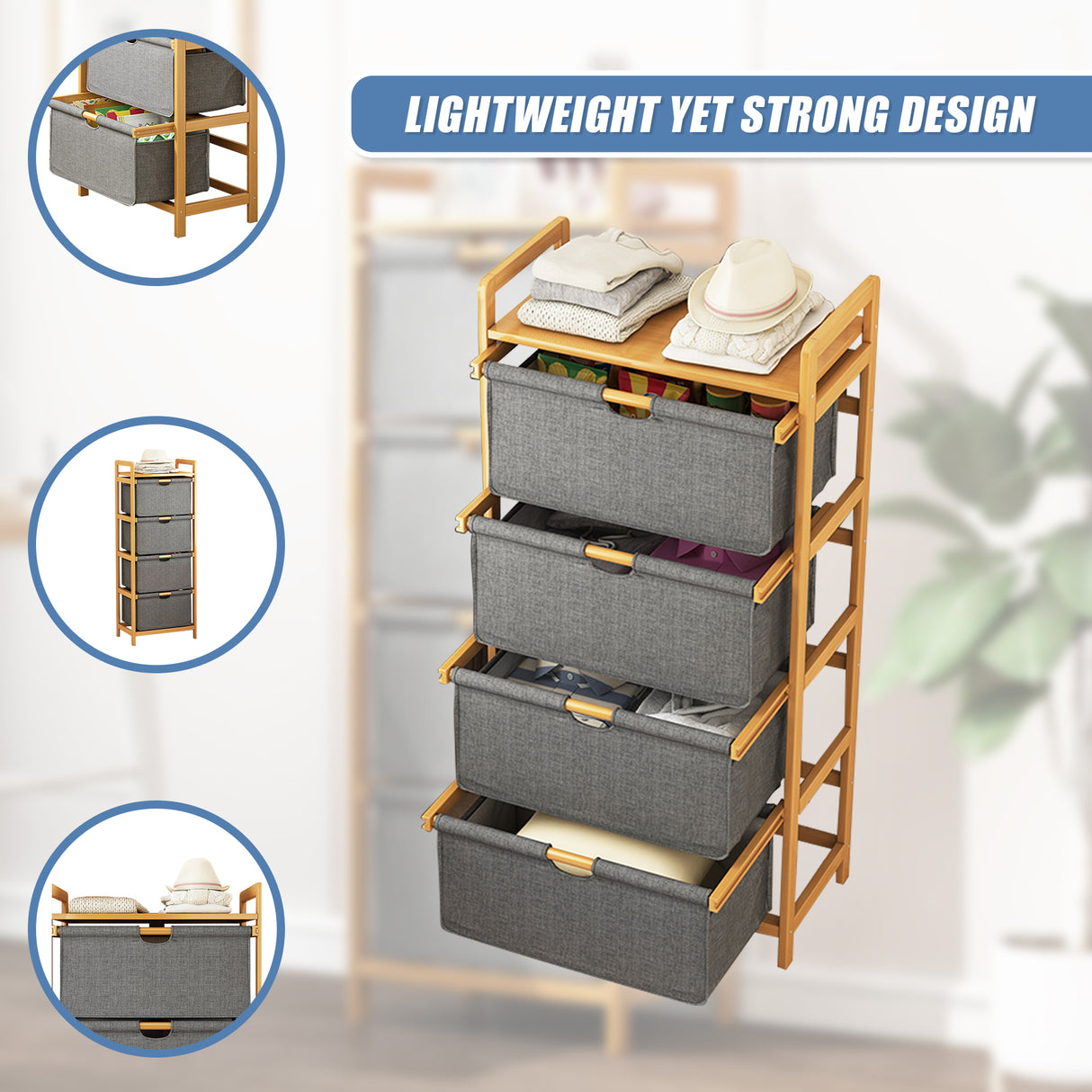 Bamboo Shelf with Storage Hamper &ndash; Wooden Organiser with Three-Set Rack Laundry Bags