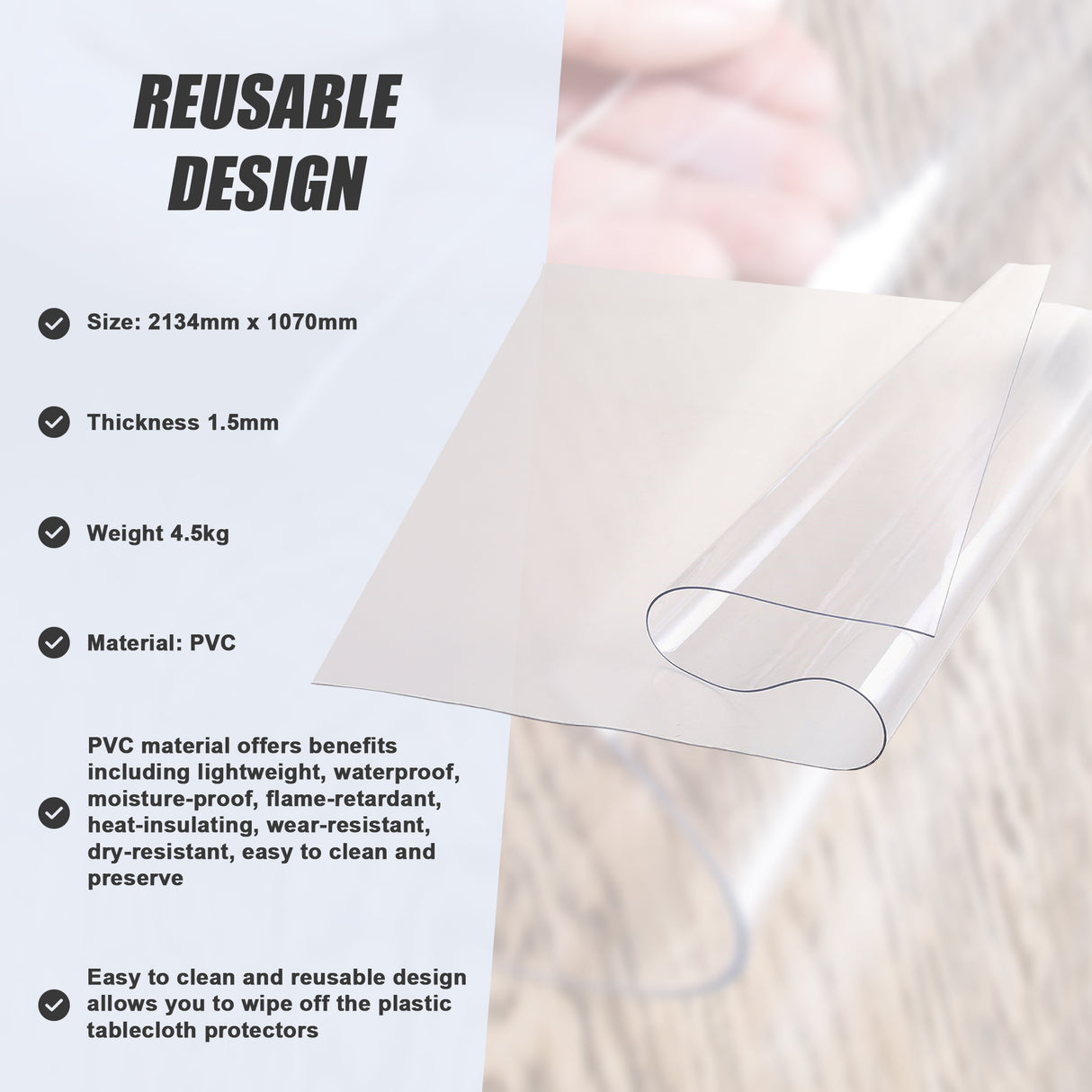 PVC Tablecloth Protector Table Cover Dining Table Cloth Plastic 2134x1070mm 1.5mm