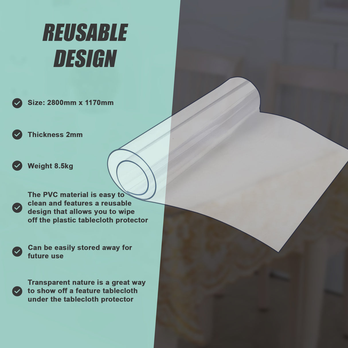 PVC Tablecloth Protector Table Cover Dining Table Cloth Plastic 2800x1170mm 2.0mm